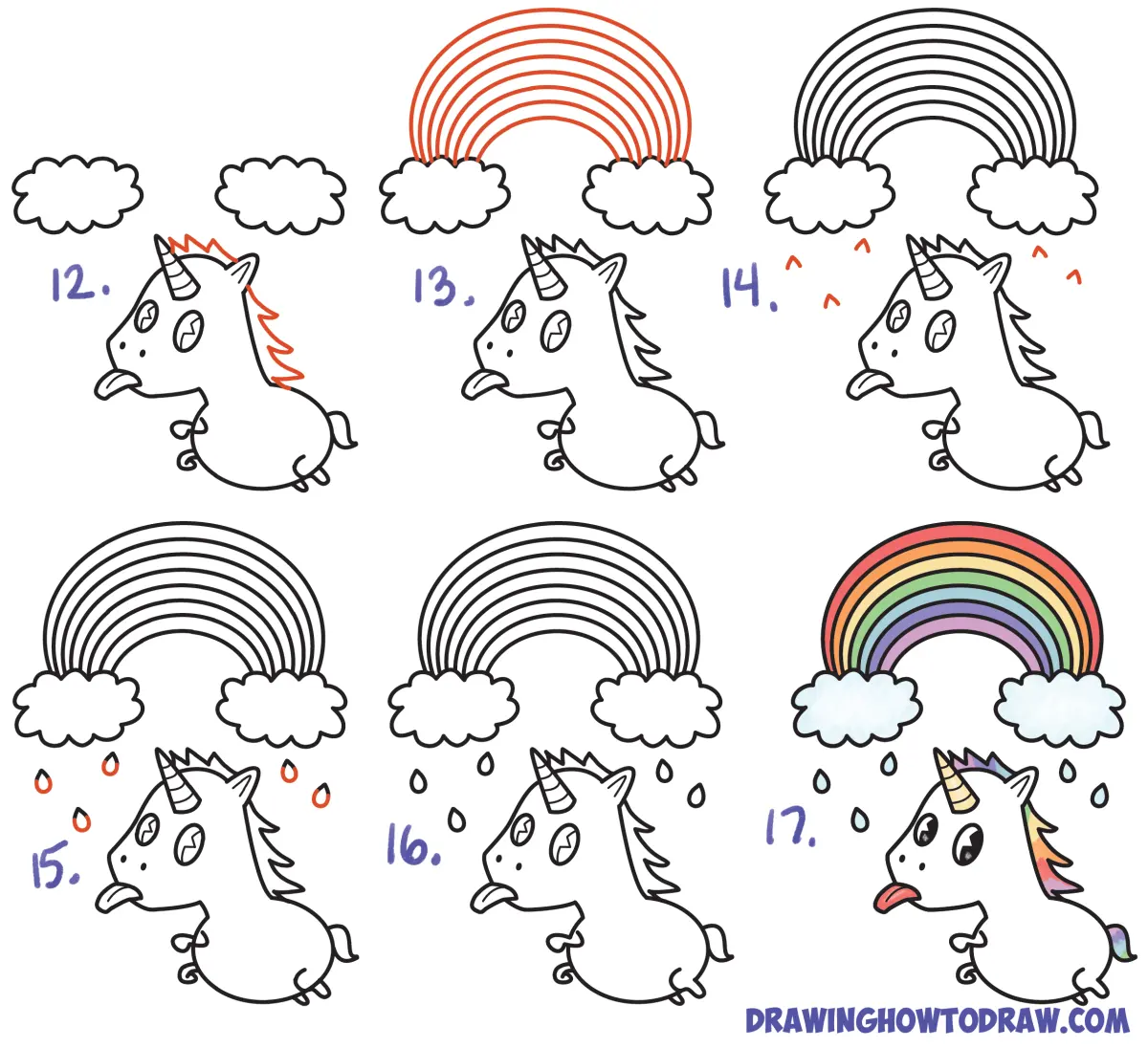 How to Draw a Cute Kawaii Unicorn with Tongue Out Under Rainbow Easy Step by Step Drawing Tutorial for Kids