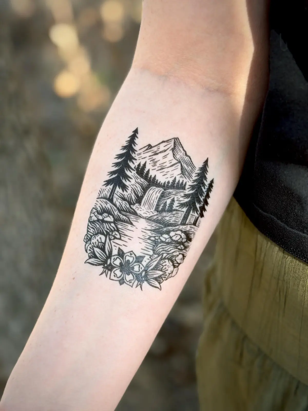 Mountain Waters Temporary Tattoo: Alpine Landscape, Waterfall, River, Nature Design