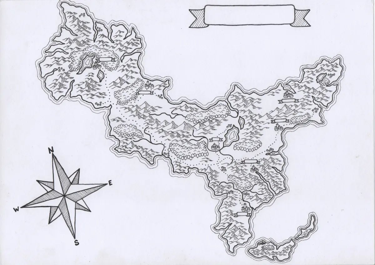 OC] Hand-drawn map of an island. (names of cties etc. missing so that anybody could use it for their own world