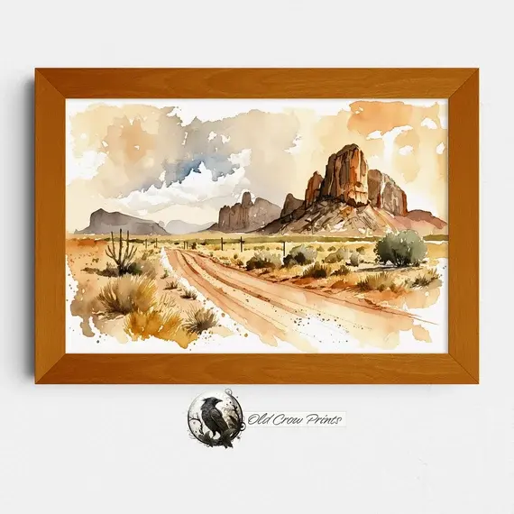 Western Landscape, Watercolor Painting, Desert Wall Art, Landscape Vista, Modern Arizona, Neutral Home Decor, 