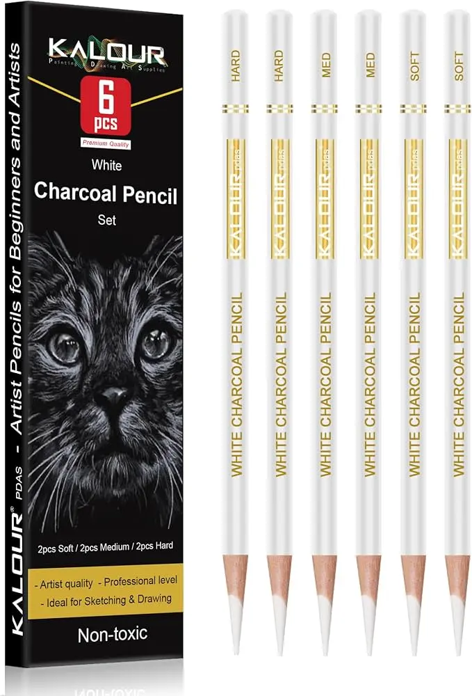 KALOUR White Charcoal Pencils Drawing Set, Professional 6 Pieces White Sketch Pencils for Drawing, Sketching, 