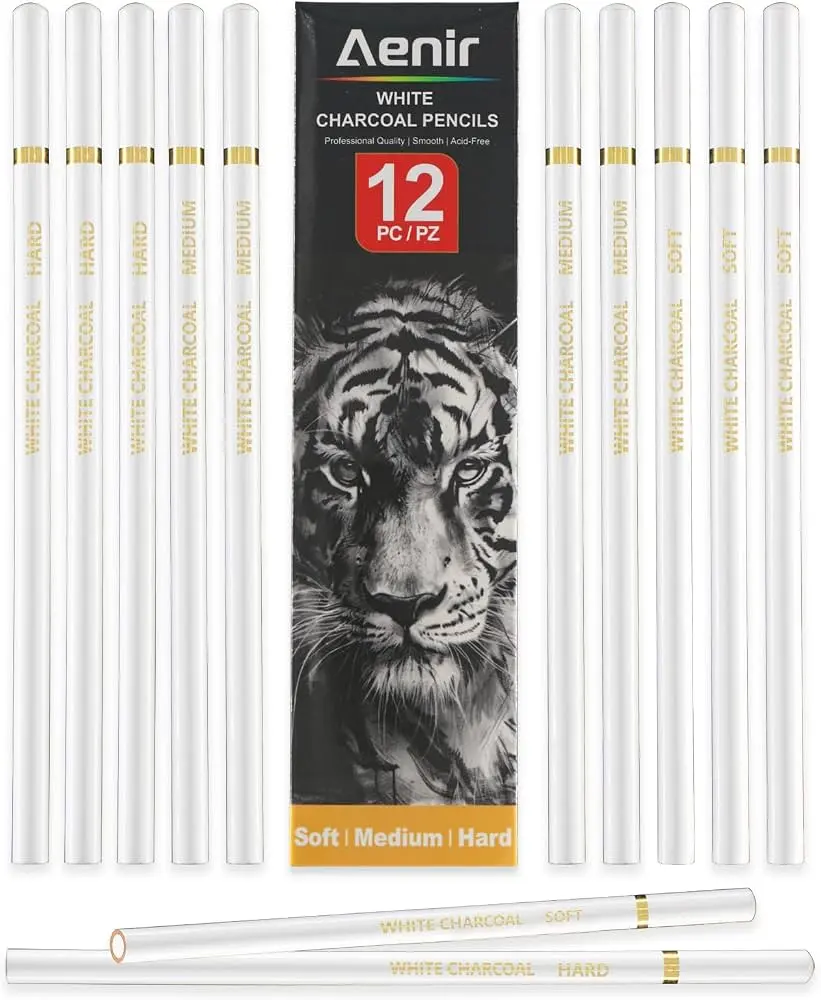 Aeni White Chalk Pencil, Pack of 12, Charcoal Pencils for Drawing