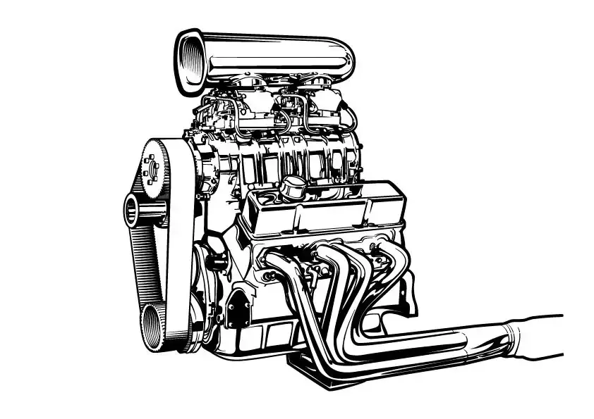 Line-art (B&W) drawing of a supercharged chevy engine