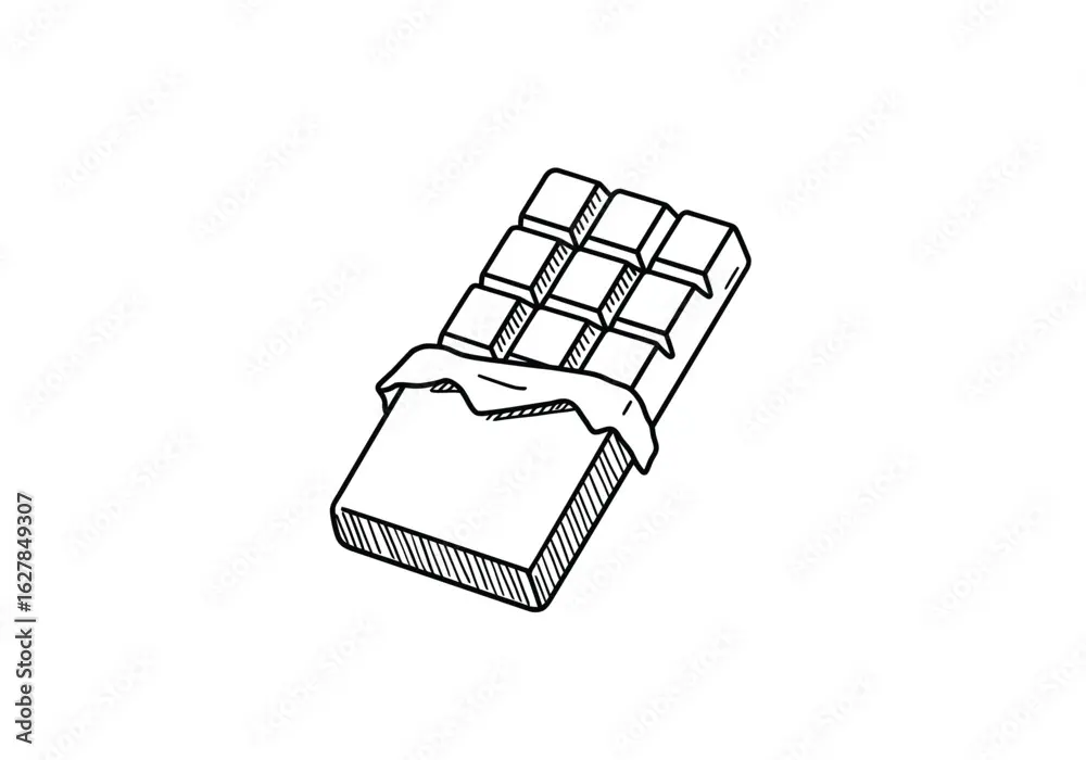 Chocolate bar drawing. It is a black and white outline drawing of a chocolate bar with