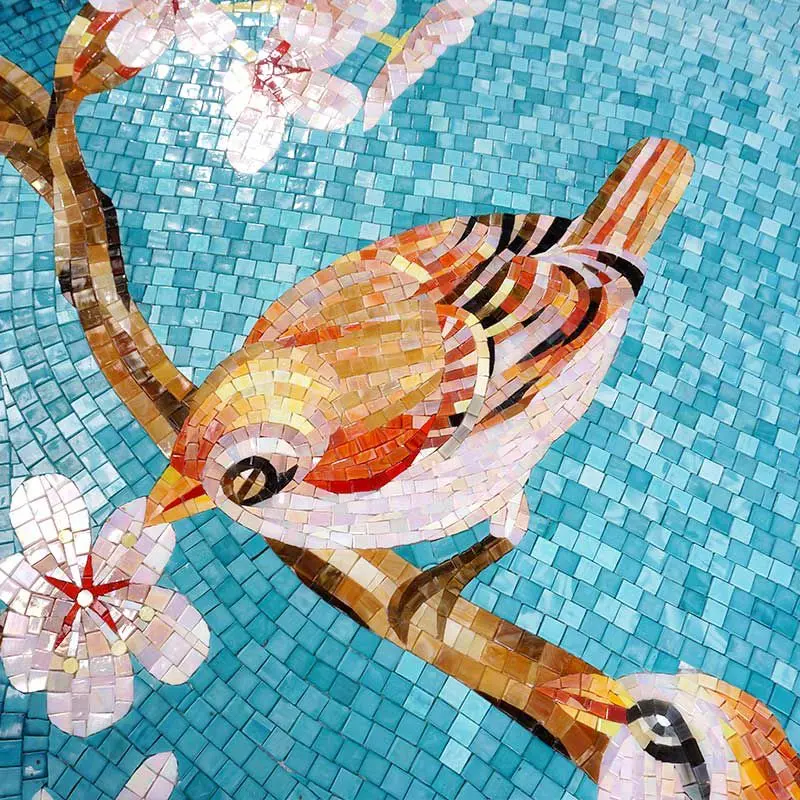Birds in Spring MING XI PRIMULA Glass Mosaic Art Feature Wall Blue Background 0.1Sq.M(1.07Sq.Ft)