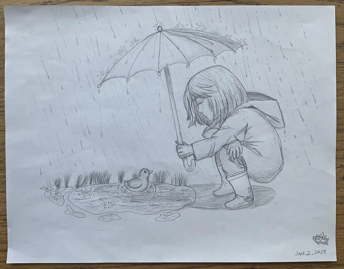 Last week it was raining, and got inspired to draw a rainy . I had the idea to draw little girl offering her u