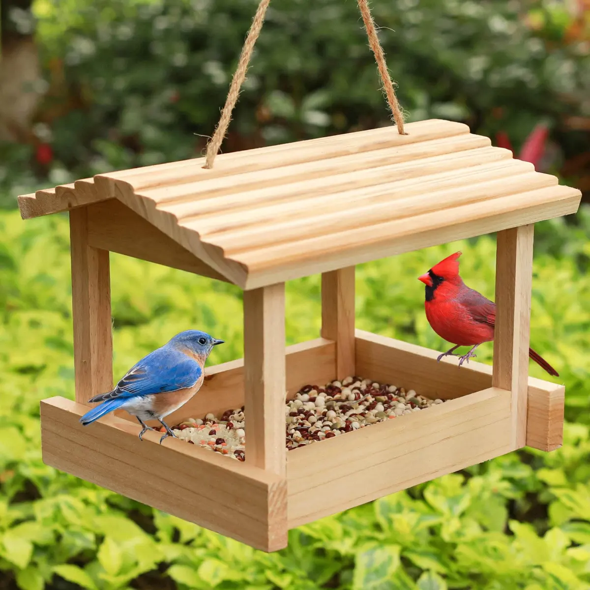 STARSWR Bird Feeders for Outside Hanging, Wild Bird Feeder House for Cardinals Finches Wooden Bluebird Feeder 