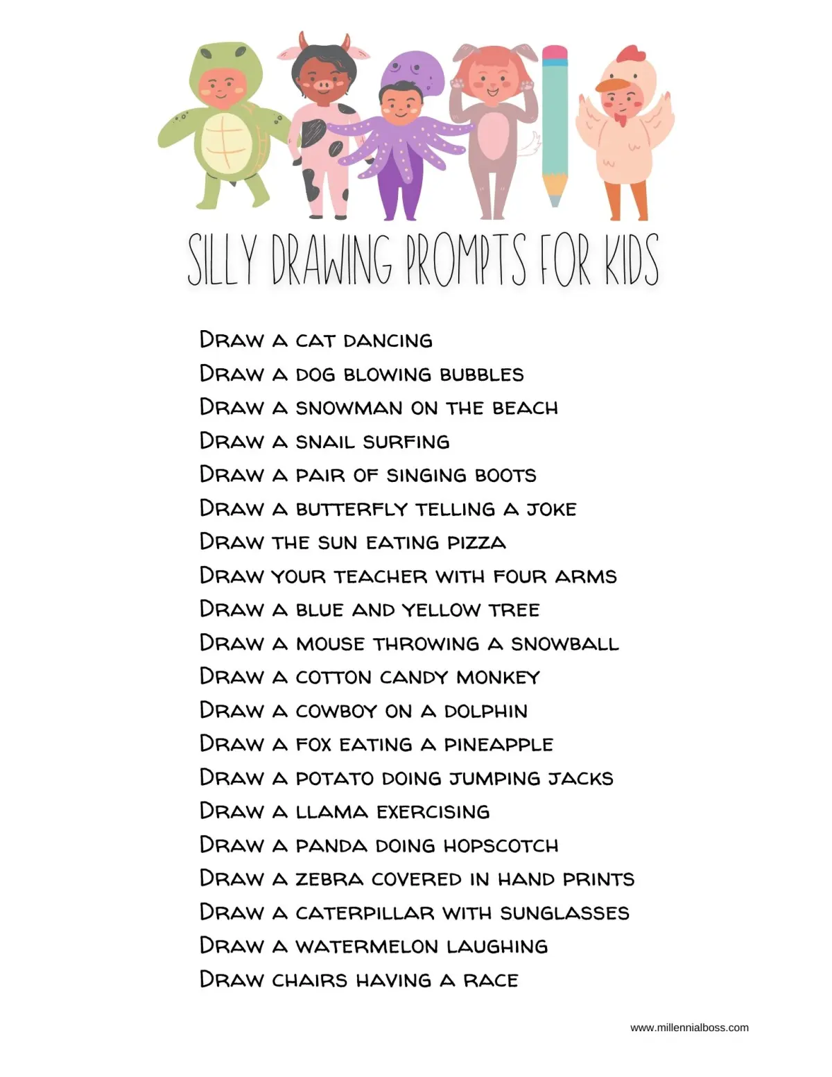 Silly Drawing Prompts for Kids Printable