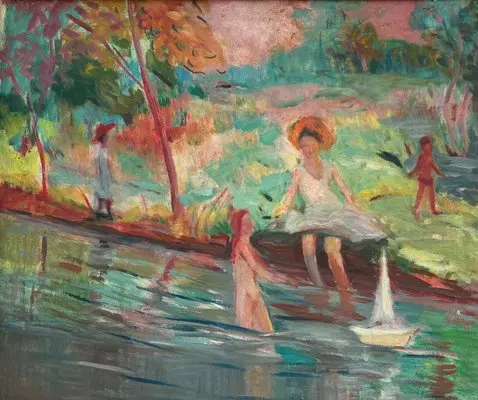 French Post-Impressionist School Artist, Figures on the River, Early 20th Century, Oil on Canvas
