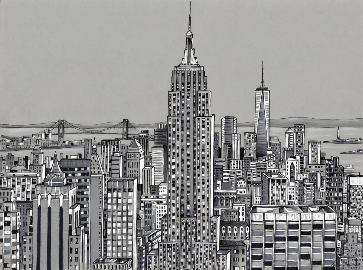 Freehand drawing I made on gray paper: a view of New York City skyline with the Empire State Building in the f