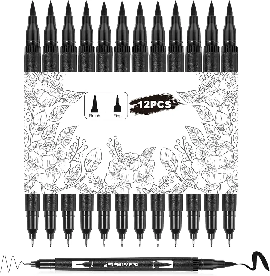 Qianyu 12 Pack Drawing Pens Black Felt Tip Markers Dual Brush Fineliners Pens Fine Calligraphy Brush Pens For 