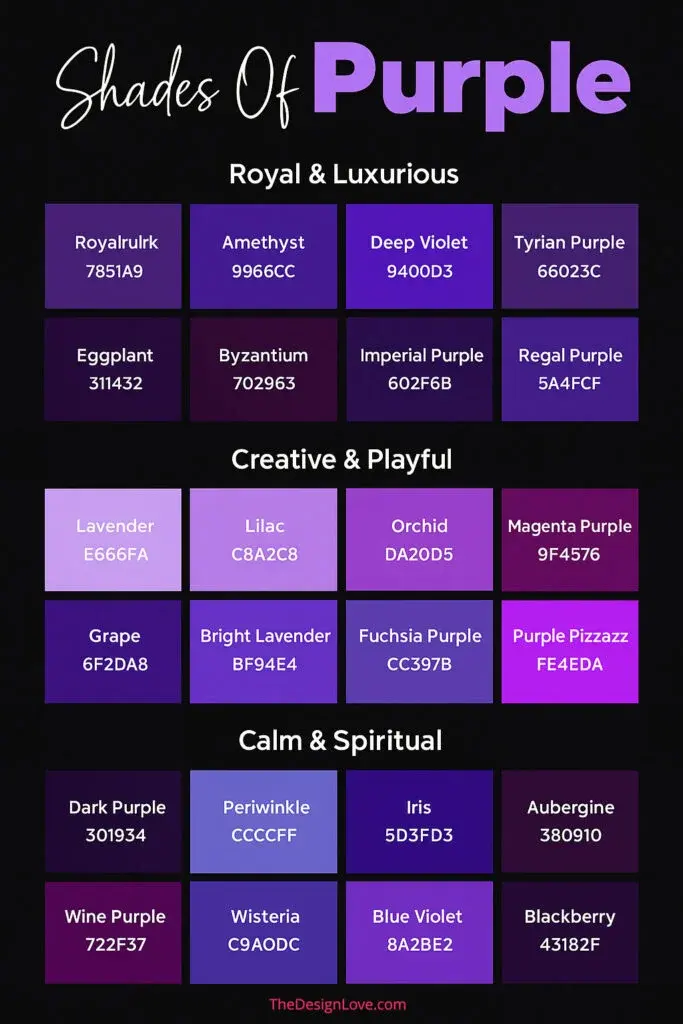Shades of Purple: 40+ Purple Color Names, Hex Codes, Meanings and Design Uses