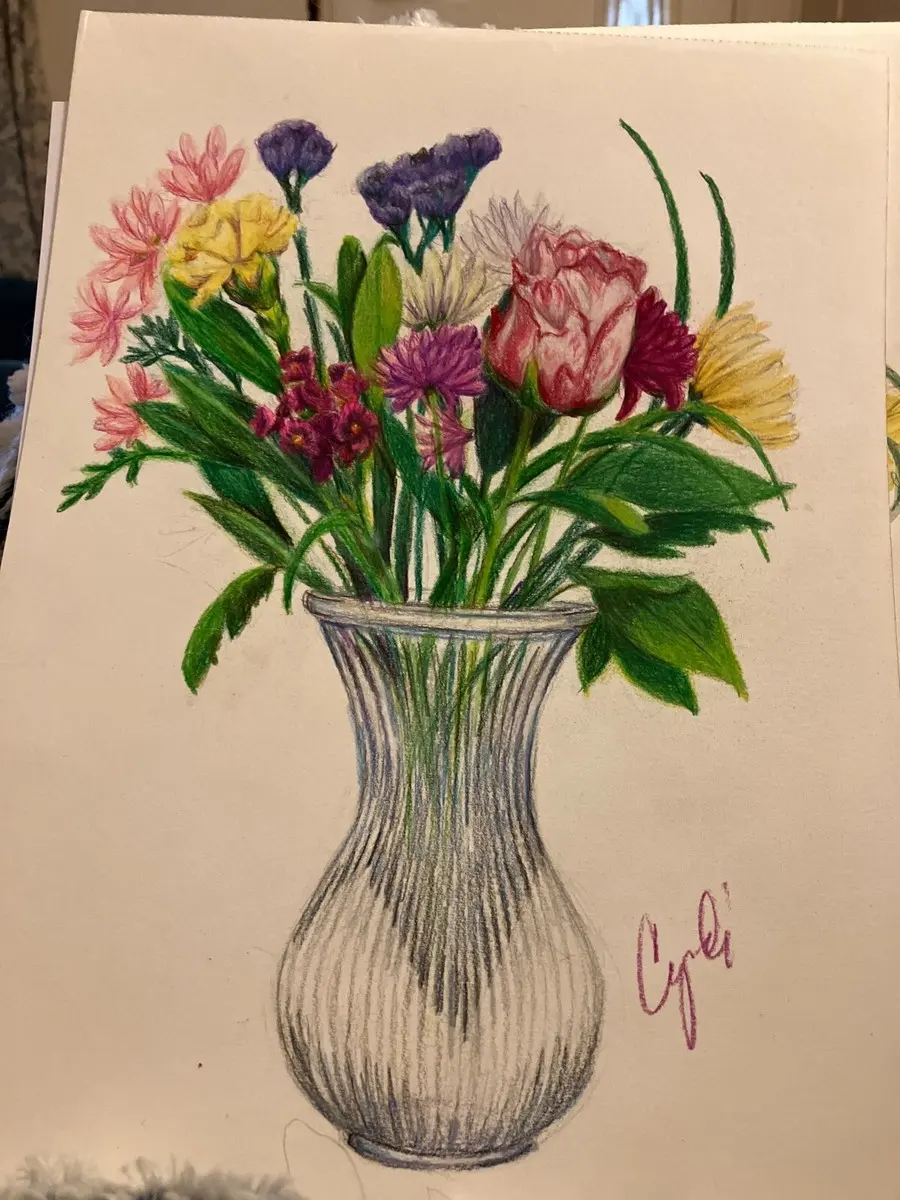 COLORED PENCIL drawing original flowers in vase . rose